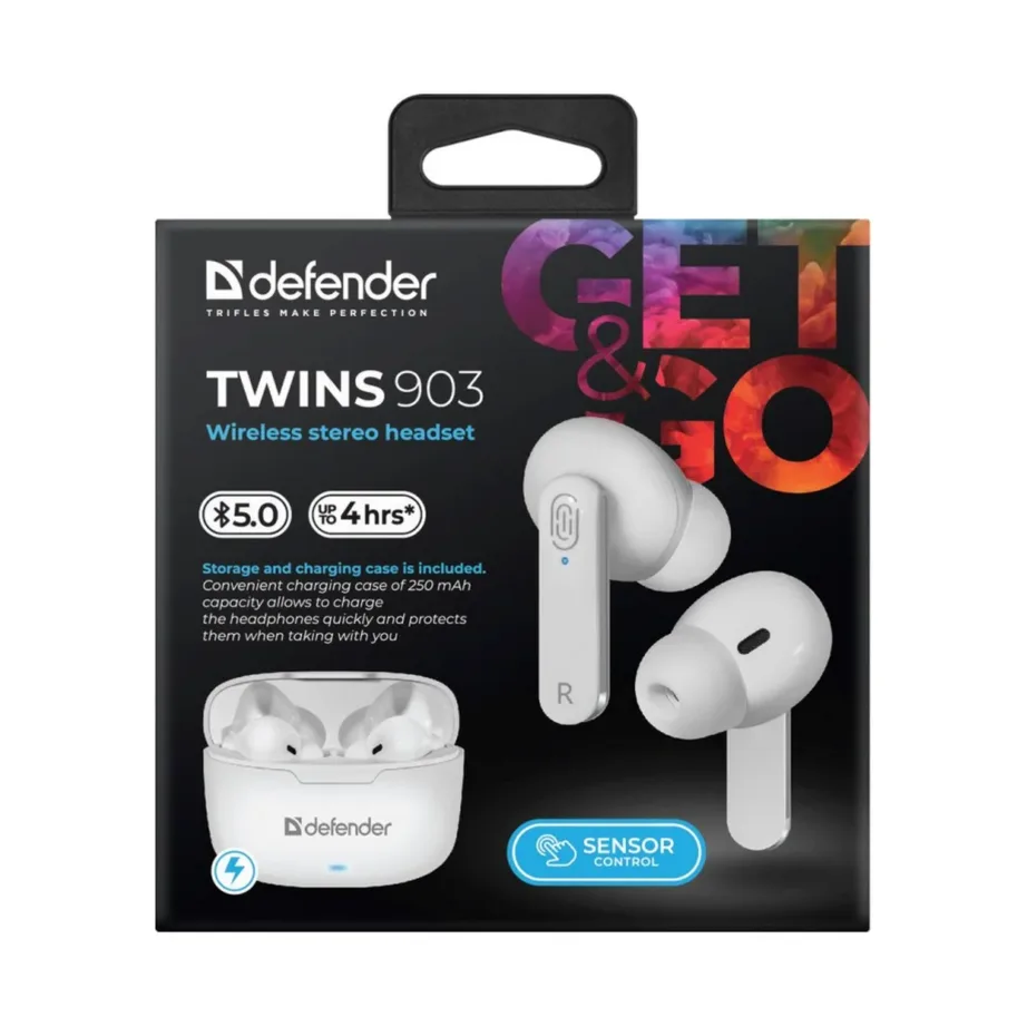 Defender TWINS 903 valged in-ear Bluetooth 5.0 juhtmevabad kõrvaklapid mikrofoniga, 4h kõneaeg – 4