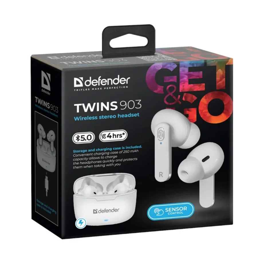 Defender TWINS 903 valged in-ear Bluetooth 5.0 juhtmevabad kõrvaklapid mikrofoniga, 4h kõneaeg – 6