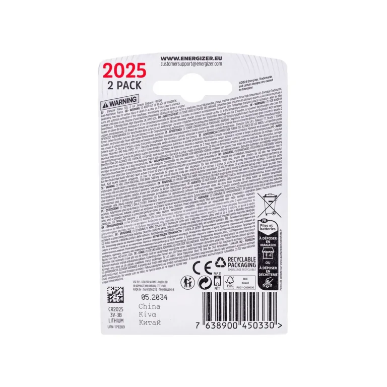 Energizer CR2025 3V liitium-patarei, 2 tk, ühekordseks kasutamiseks