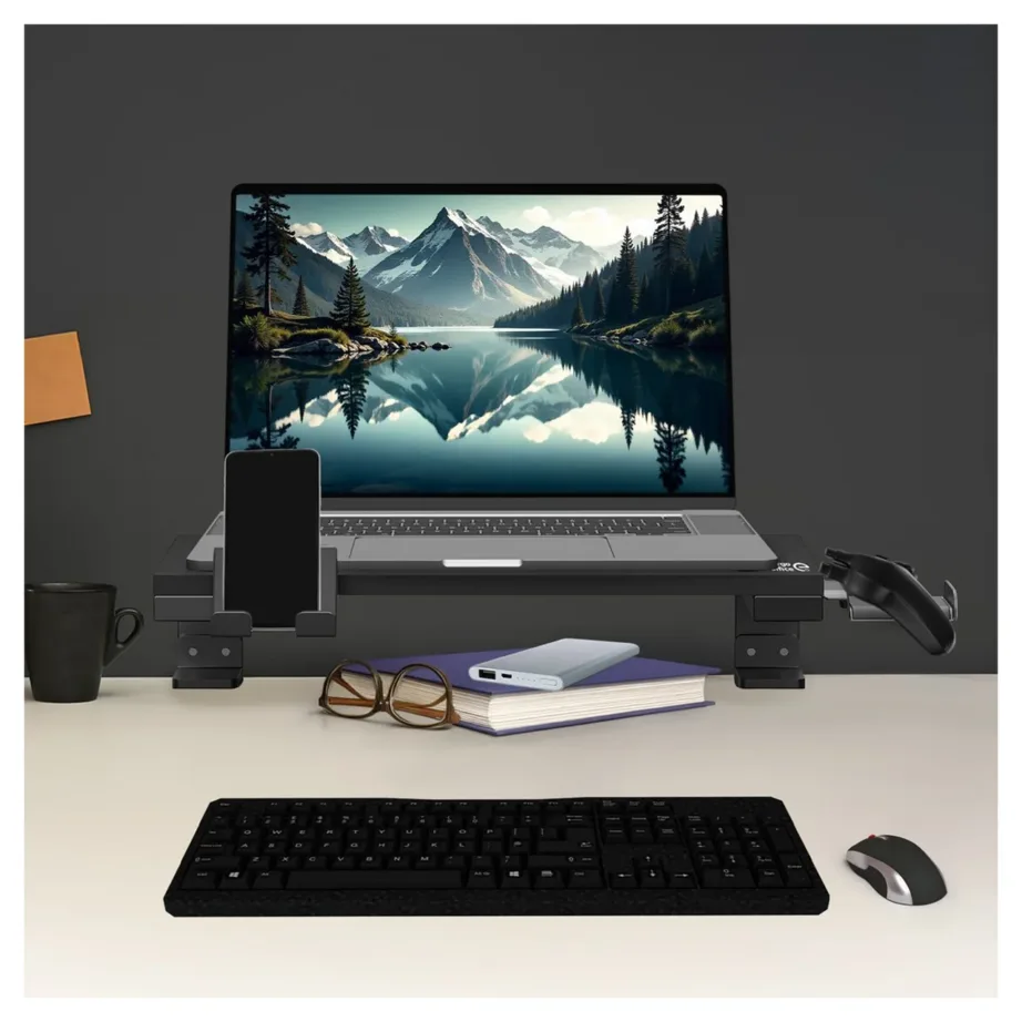 Ergo Office ER-303 B must monitori/laptopi alus 370×235 mm, 20 kg kandevõimega, 13–32” ekraanidele, lauakinnitus, telefonialusega – 10