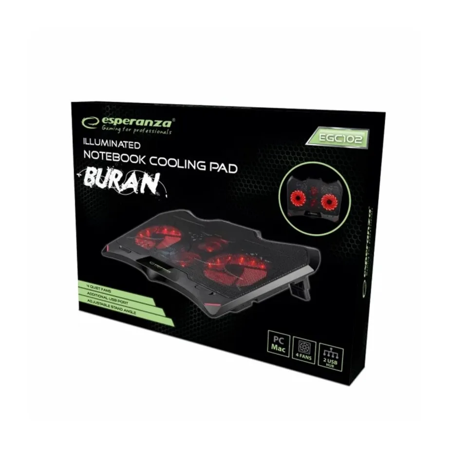 Esperanza EGC102 415×305 mm must 4-ventilaatoriga sülearvuti jahutusalus, 2000 RPM, reguleeritava kõrgusega, punase LED-valgustusega, USB-toitega – 8