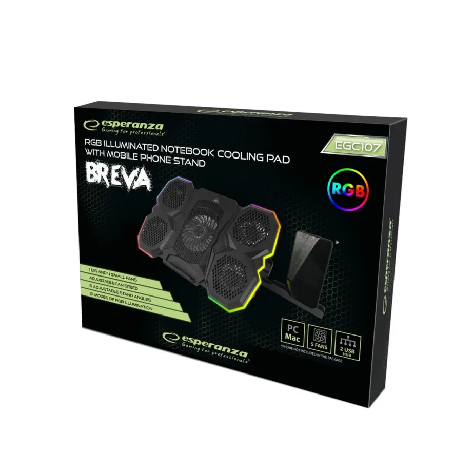 Esperanza EGC107 39×25,5×3,8 cm must sülearvuti jahutusalus 3 ventilaatoriga, 2600 RPM, RGB LED valgustusega ja 5 reguleeritava kaldenurgaga, 2x USB 2.0 – 8