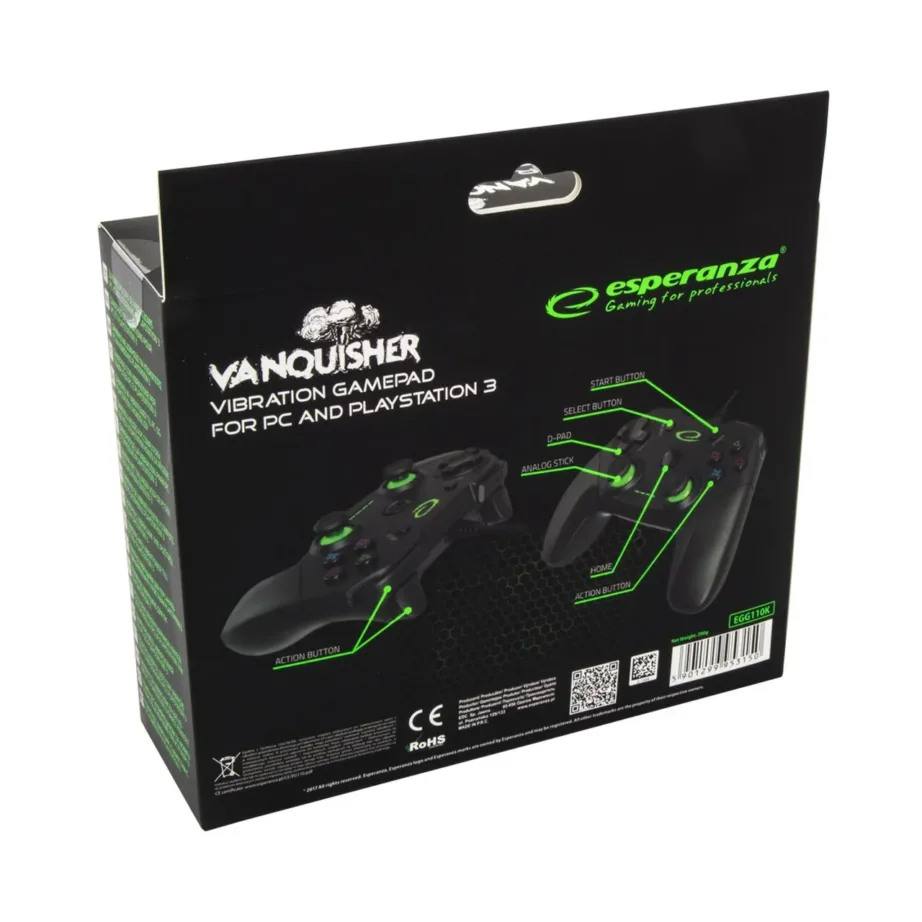 Esperanza EGG110K 1,5 m USB juhtmega mängupult 12 nupuga, PC ja PlayStation 3, vibratsioon, must – 10