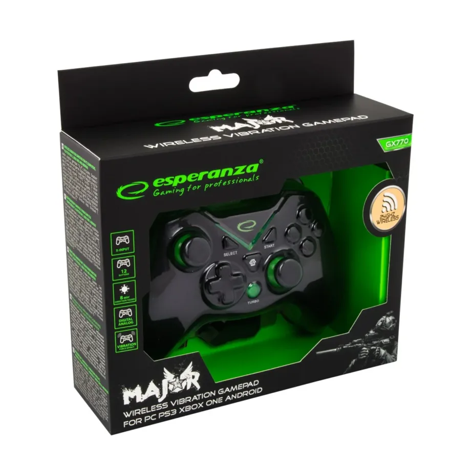 Esperanza EGG112K juhtmevaba mängupult 2.4 GHz Xbox One, PS3, PC jaoks, 12 nuppu, must/roheline, ergonoomiline – 2