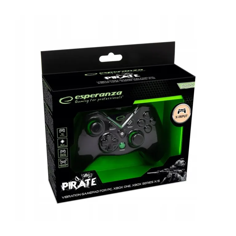 Esperanza EGG114K must USB 2.0 juhtmega gamepad vibratsiooni ja 12 nupuga, PC, Xbox One, Series S/X jaoks