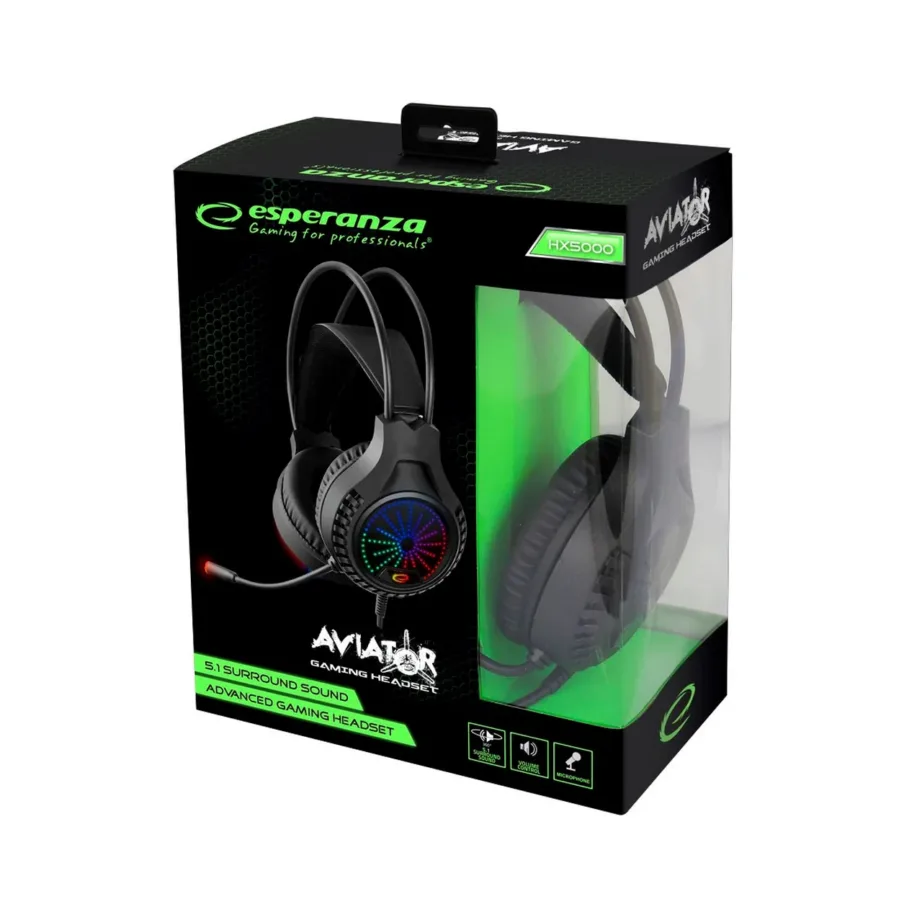 Esperanza EGH5000 1,5 m USB-mikrofoniga binauraalsed juhtmega mängurikõrvaklapid RGB LED-iga, must – 4