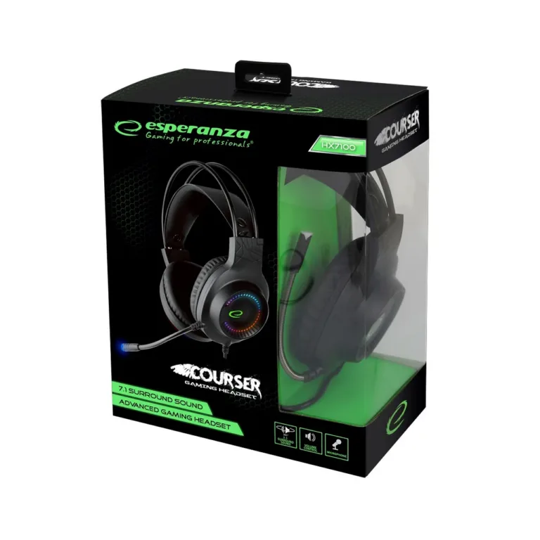 Esperanza EGH7100 1,5 m USB juhtmega mängurikõrvaklapid mikrofoniga, must, RGB valgustusega