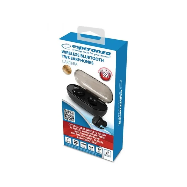 Esperanza EH225K TWS Cardera mustad in-ear Bluetooth 5.0 juhtmevabad kõrvaklapid mikrofoniga, laadimiskarbiga ja punase taustvalgustusega, kõnedele ja muusikakuulamiseks