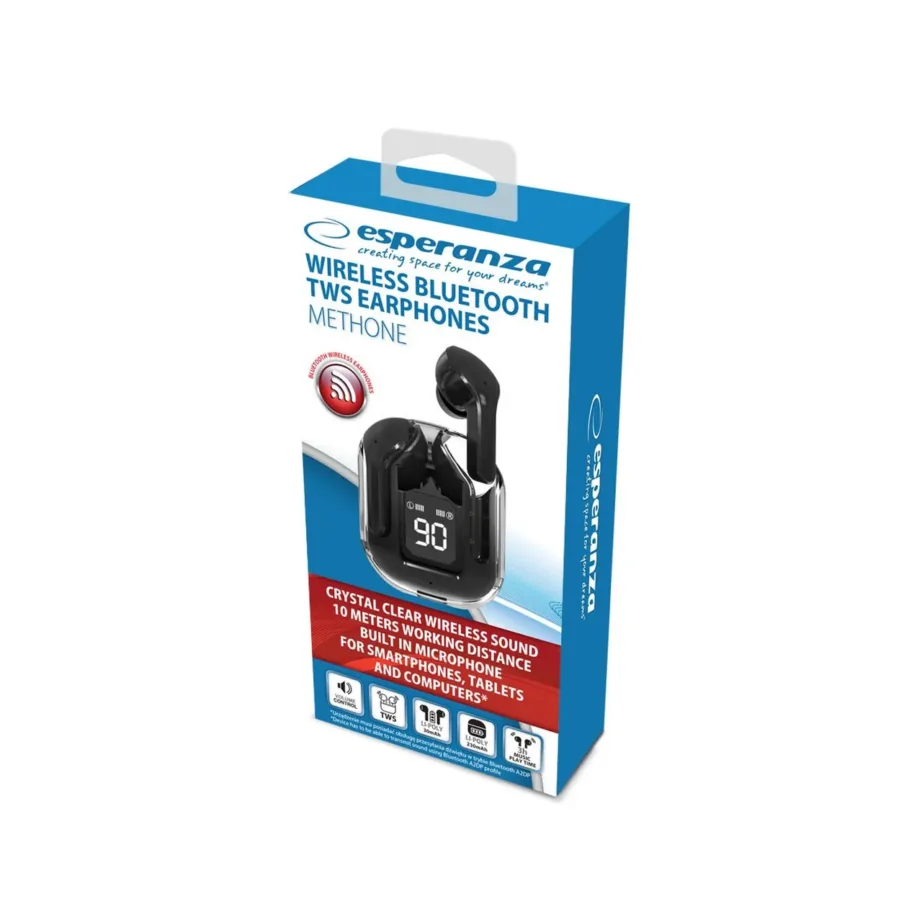 Esperanza EH238K mustad juhtmevabad in-ear kõrvaklapid Bluetooth 5.3, puutejuhtimine, 3 h muusika, USB-C laadimisega (90 g) – 5