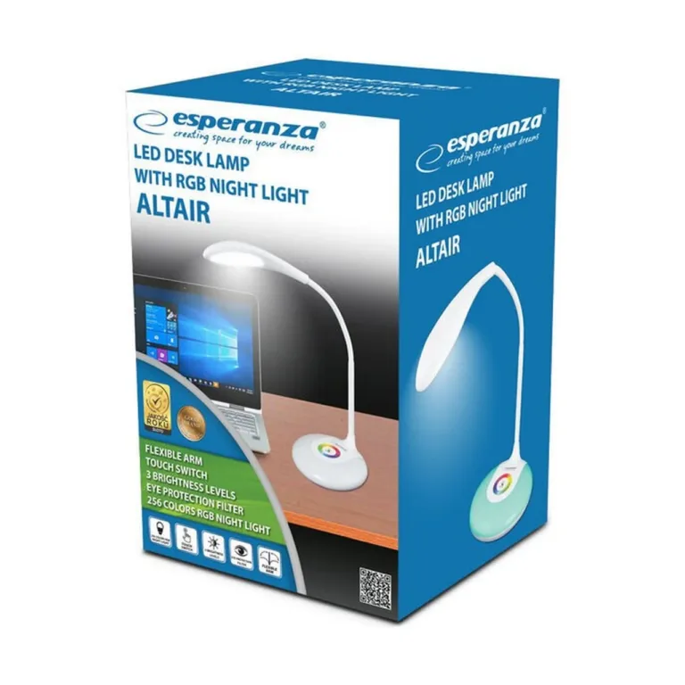 Esperanza ELD102 3W valge LED laualamp, painduv vars, puutetundlik juhtimine, aku/USB, värvimuutev öövalgus