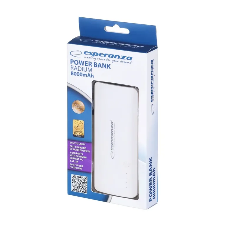 Esperanza EMP106WE Radium 8000 mAh hall/valge akupank, 3 USB väljundit, micro-USB laadimisega, 142x63x24 mm