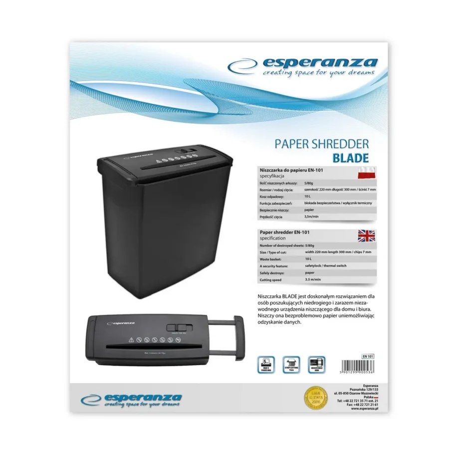 Esperanza EN101 22 cm must paberihävitaja, ribalõige, 5 lehte, 10L konteiner – 4