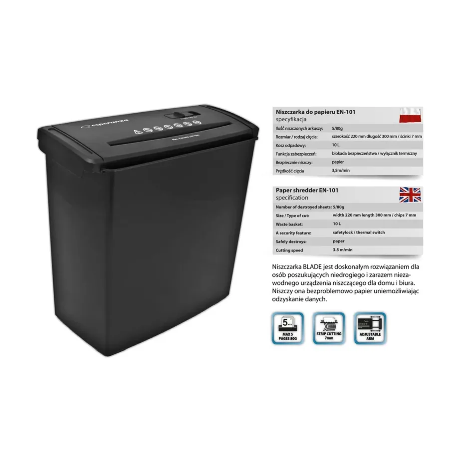 Esperanza EN101 22 cm must paberihävitaja, ribalõige, 5 lehte, 10L konteiner – 5