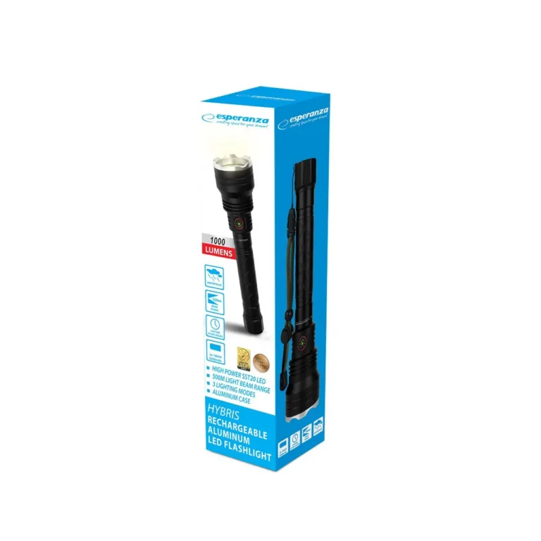 Esperanza EOT068 240 mm must alumiiniumist laetav LED-taskulamp, 1000 lm, 500 m valguskaugus, USB-C