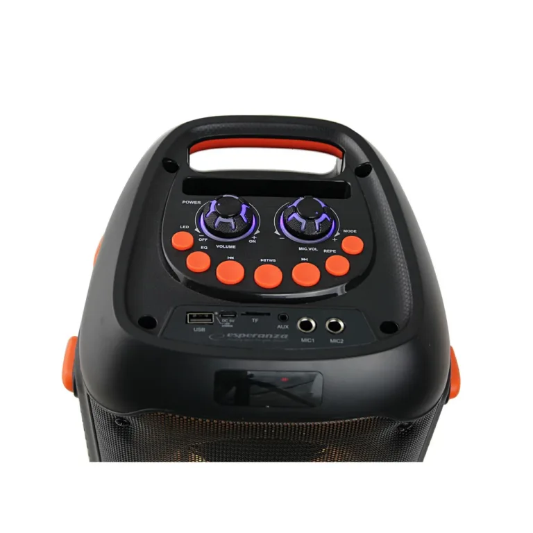 Esperanza EP156 20W must Bluetooth 5.0/FM/LED valgusega kaasaskantav karaokekõlar, aku, MicroSD, USB-C, 220x230x410 mm