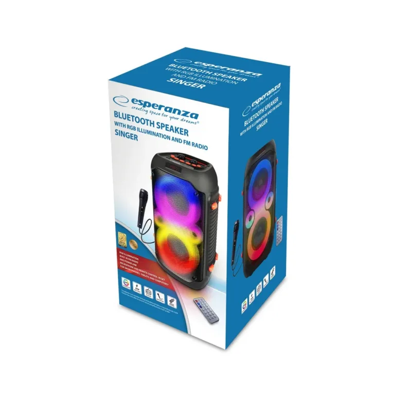Esperanza EP156 20W must Bluetooth 5.0/FM/LED valgusega kaasaskantav karaokekõlar, aku, MicroSD, USB-C, 220x230x410 mm