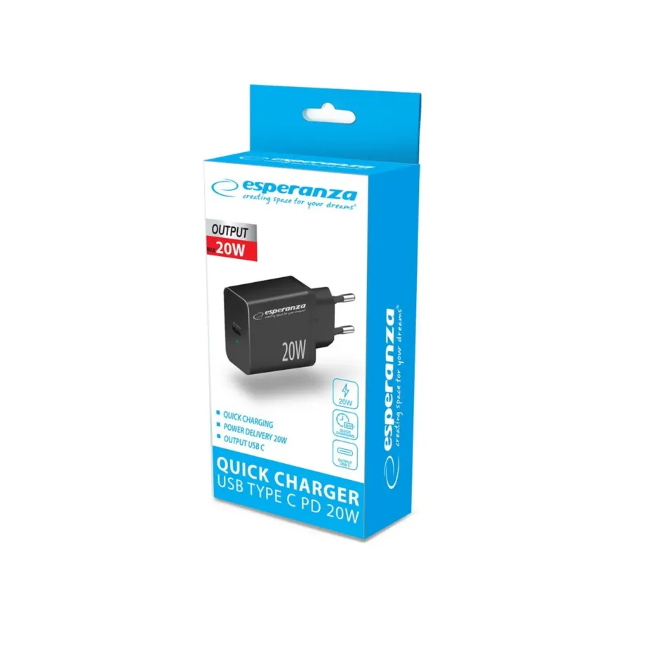 Esperanza EZC104K 20W USB-C must kiirlaadija ülepinge- ja ülekuumenemiskaitsega – 5
