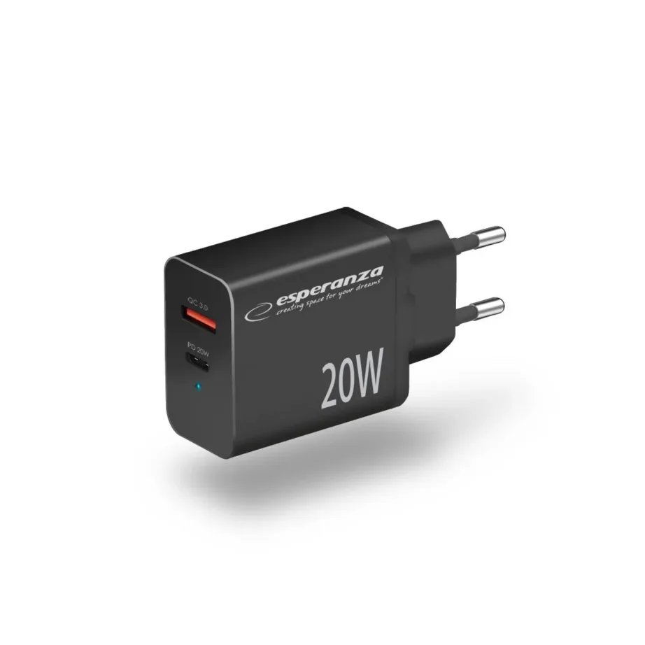 Esperanza EZC105K 20W must kiirlaadija USB-C ja USB-A portidega, Quick Charge 3.0, vooluvõrku, ülekuumenemis- ja ülepinge kaitsega – 2