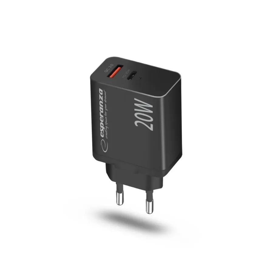 Esperanza EZC105K 20W must kiirlaadija USB-C ja USB-A portidega, Quick Charge 3.0, vooluvõrku, ülekuumenemis- ja ülepinge kaitsega – 3