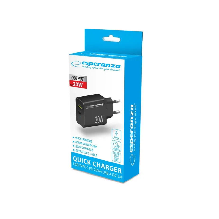 Esperanza EZC105K 20W must kiirlaadija USB-C ja USB-A portidega, Quick Charge 3.0, vooluvõrku, ülekuumenemis- ja ülepinge kaitsega – 5