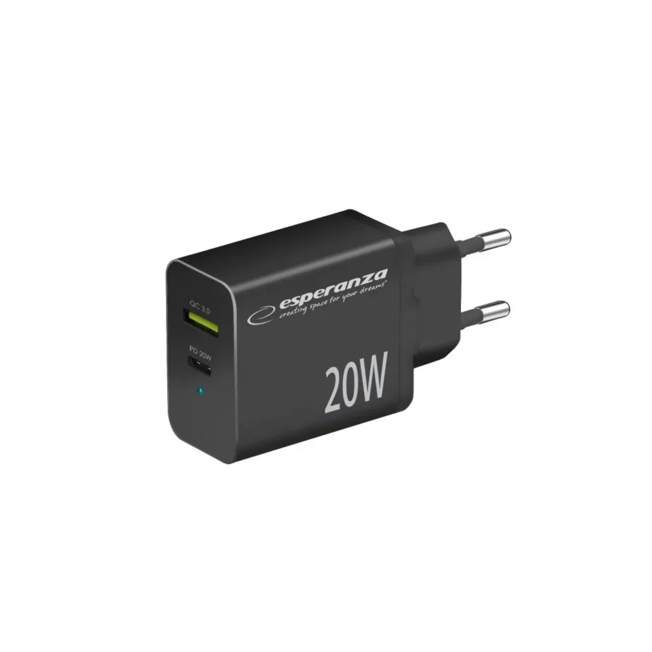 Esperanza EZC105K 20W must kiirlaadija USB-C ja USB-A portidega, Quick Charge 3.0, vooluvõrku, ülekuumenemis- ja ülepinge kaitsega