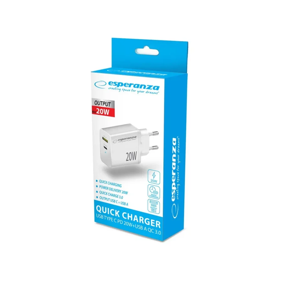 Esperanza EZC105W valge 20W USB-C ja USB-A kiirlaadija ülepinge- ja ülekuumenemiskaitsega – 5