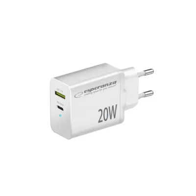 Esperanza EZC105W valge 20W USB-C ja USB-A kiirlaadija ülepinge- ja ülekuumenemiskaitsega