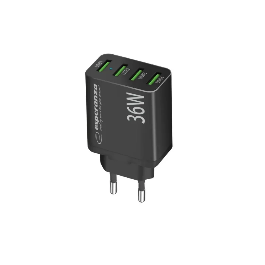 Esperanza EZC107K 36W 4x USB-A QC 3.0 must võrgulaadija ülekuumenemis- ja ülepinge kaitsega – 4