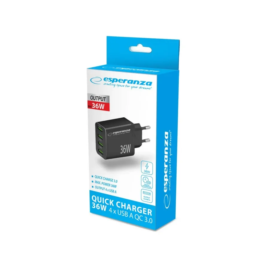 Esperanza EZC107K 36W 4x USB-A QC 3.0 must võrgulaadija ülekuumenemis- ja ülepinge kaitsega – 5