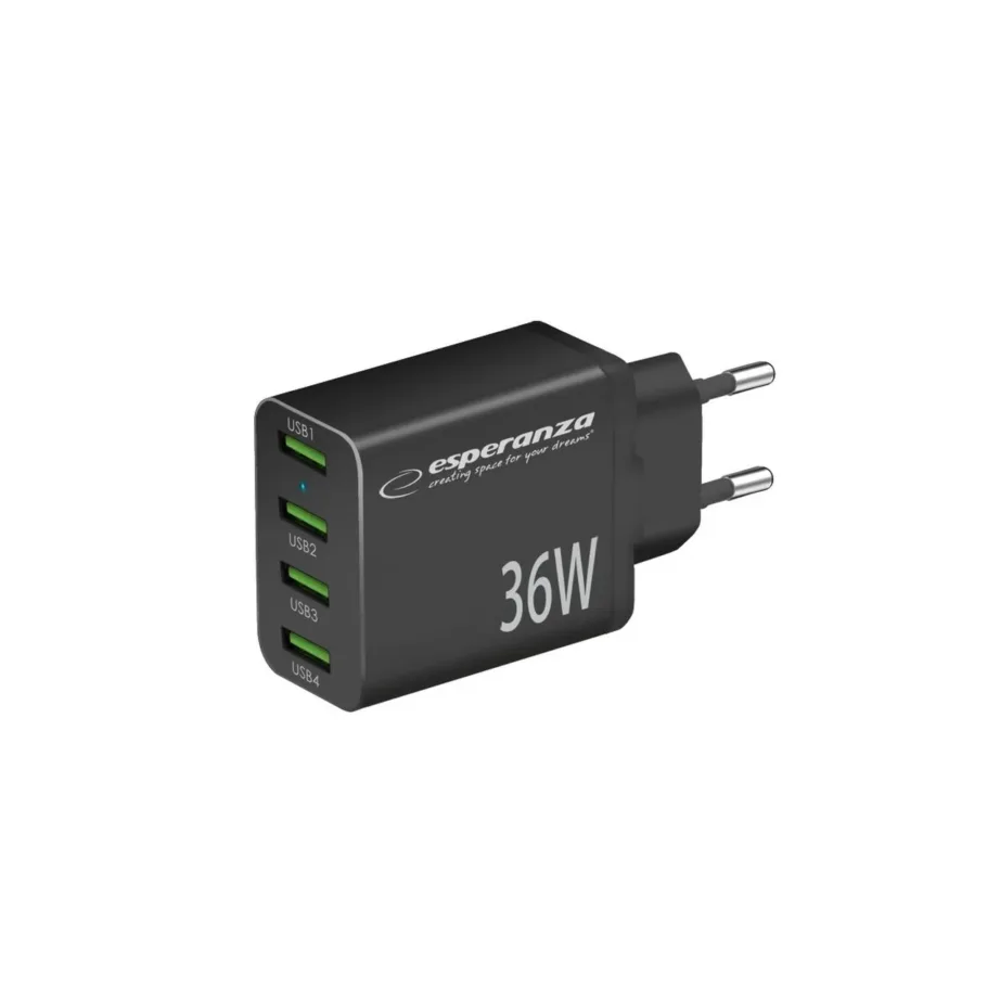 Esperanza EZC107K 36W 4x USB-A QC 3.0 must võrgulaadija ülekuumenemis- ja ülepinge kaitsega