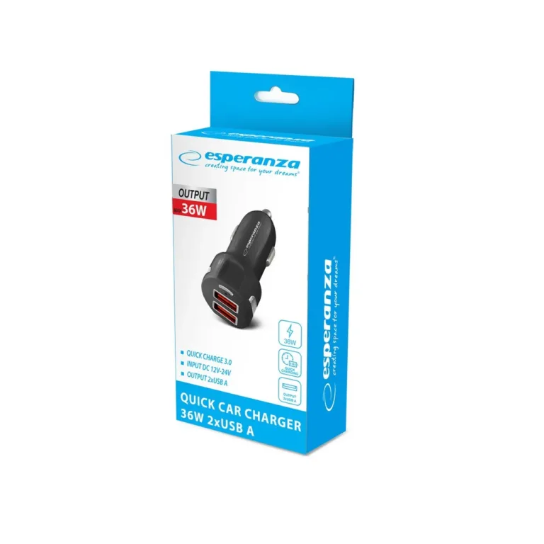 Esperanza EZC110K 36W must auto USB laadija 2xUSB QC3.0 (12–24V) sigaretisüütajasse