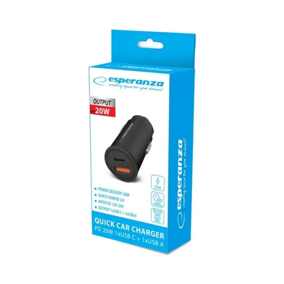Esperanza EZC111K 20W must autolaadija, USB-C ja USB-A kiirlaadimisega, sobib nutitelefonile ja tahvelarvutile – 4