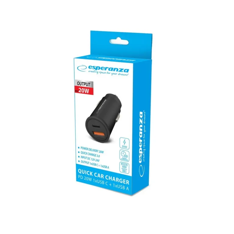 Esperanza EZC111K 20W must autolaadija, USB-C ja USB-A kiirlaadimisega, sobib nutitelefonile ja tahvelarvutile