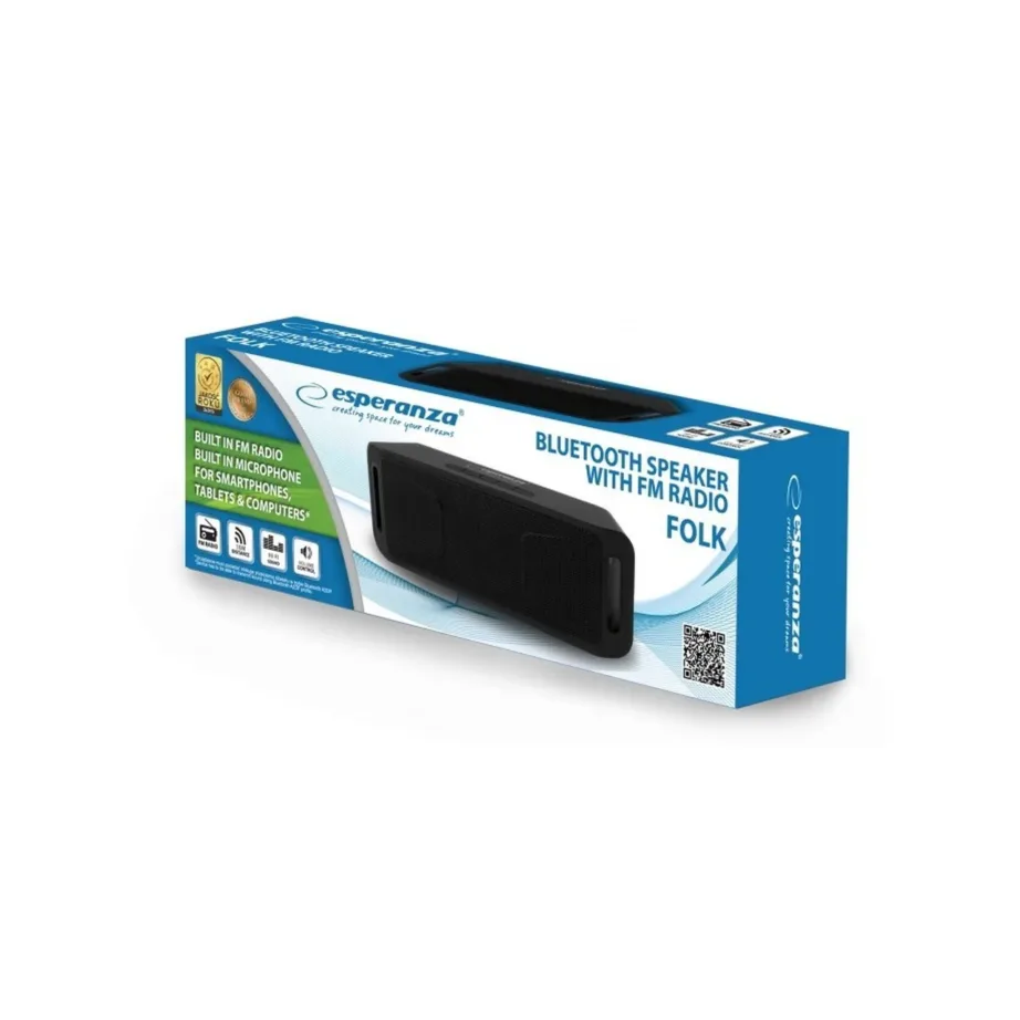 Esperanza FOLK EP126KK 6W must kaasaskantav Bluetooth stereokõlar 200x64x40 mm, FM-raadio, MicroSD, USB, 800mAh aku – 5