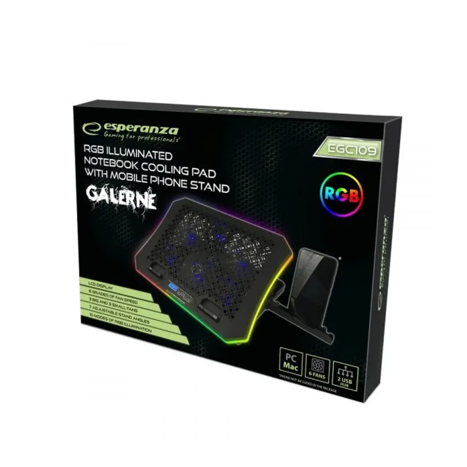 Esperanza GALERNE EGC109 19″ must sülearvuti jahutusalus LCD-ekraani, 6 ventilaatori, RGB valgustuse ja 6-astmelise kõrgusreguleerimisega – 5