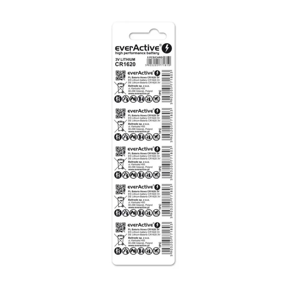 everActive CR1620 3V 16x2 mm liitium-nööpelement, 5 tk komplektis
