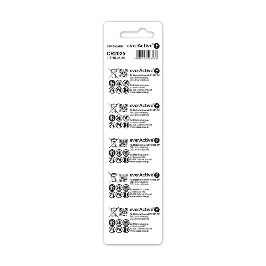 everActive CR2025 3V liitium-patarei 20x2,5 mm, 5 tk blisterpakendis, nööppatarei väikeselektroonikale