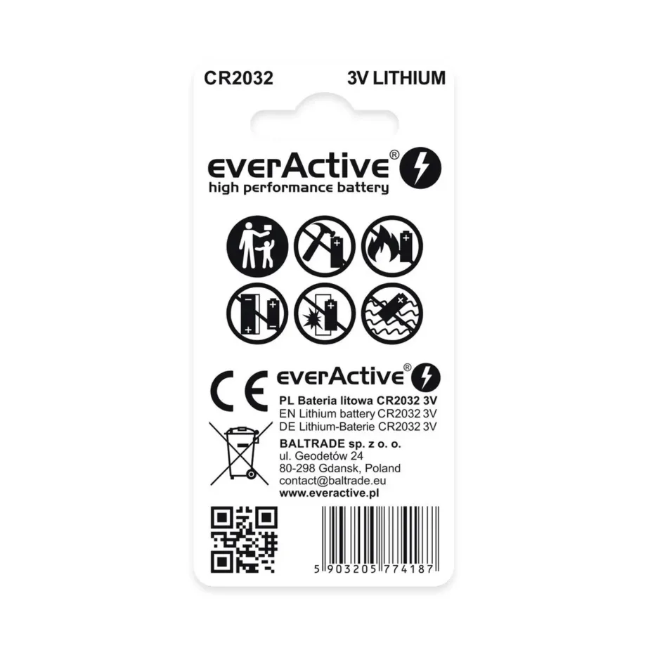 everActive CR2032 3V liitiumpatarei 20x3,2 mm, 2 tk blisterpakendis ühekordseks kasutamiseks