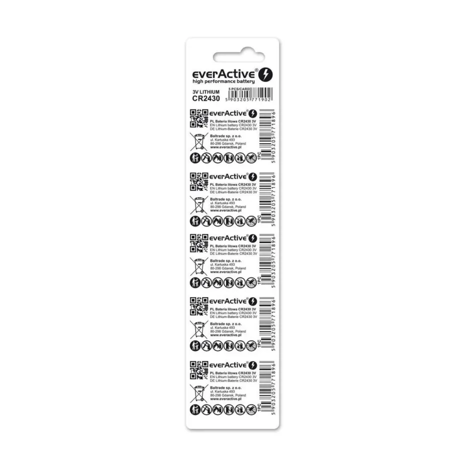 everActive CR2430 3V 24,5x3 mm liitium-nööppatarei, 5 tk blisterpakendis