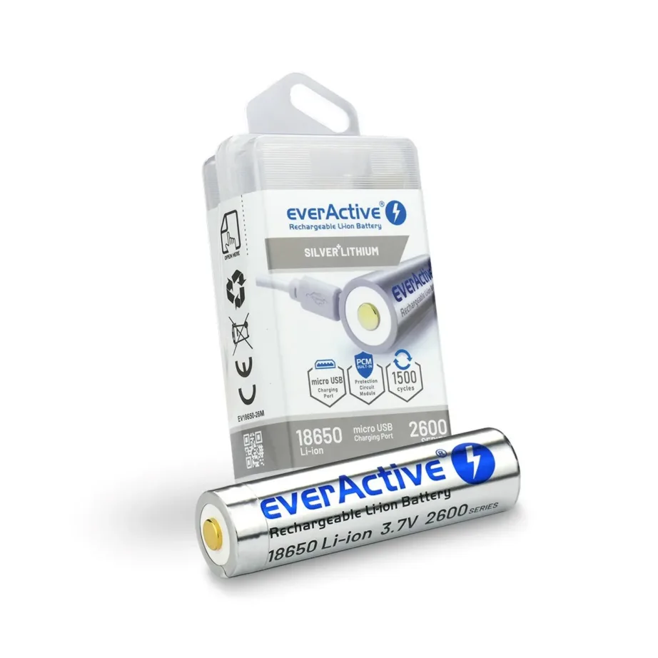 everActive EV18650-26M 3.7V 2600mAh Li-Ion laetav aku micro-USB laadimise ja kaitsega, 18×70,2mm, plastkarbis