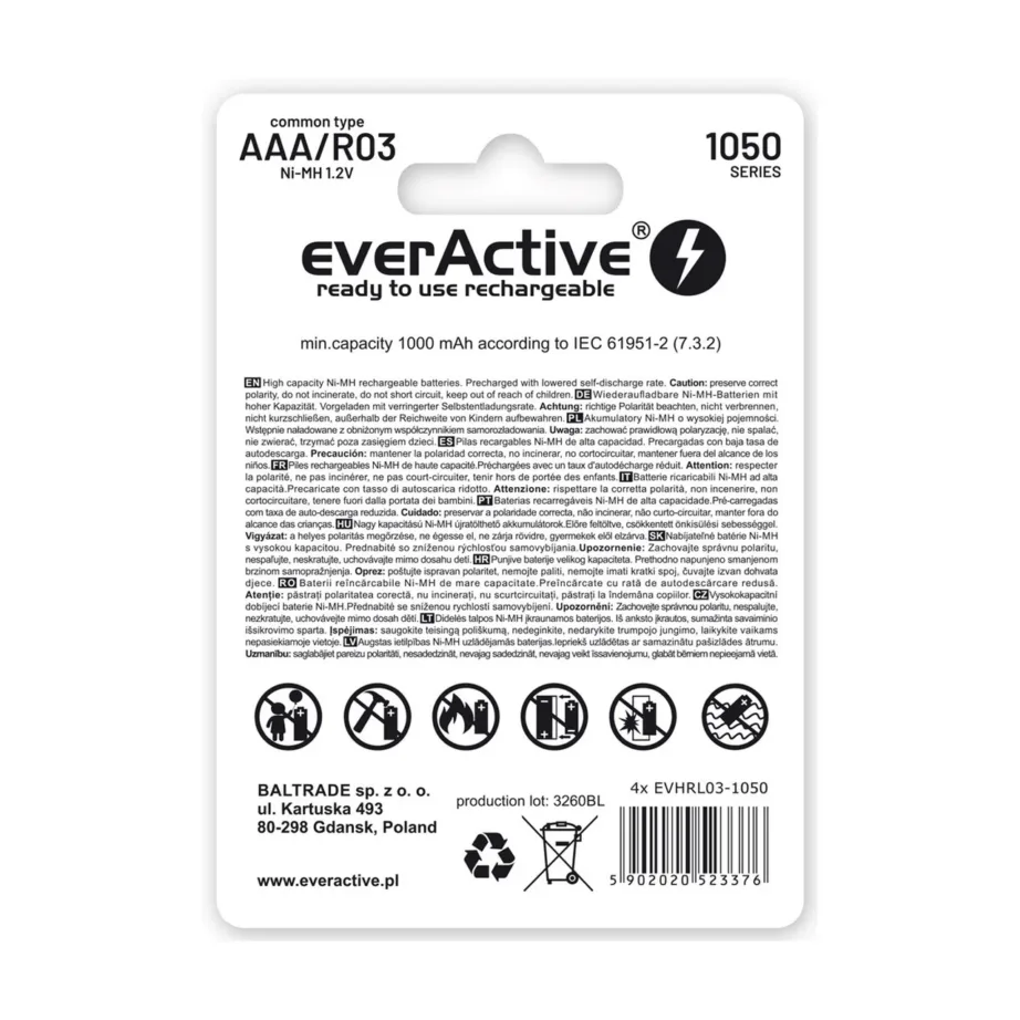 everActive EVHRL03-550 R03 AAA 550 mAh NiMH laetavad akud 1,2 V, 4 tk komplektis