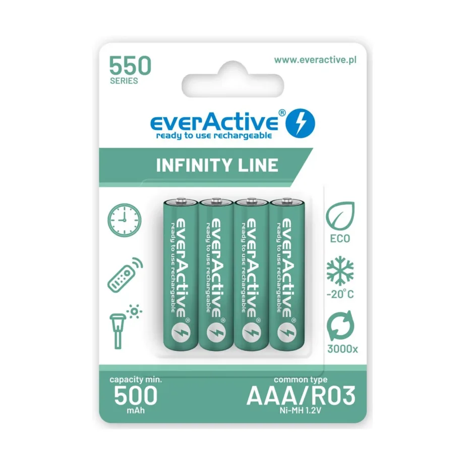 everActive EVHRL03-550 R03 AAA 550 mAh NiMH laetavad akud 1,2 V, 4 tk komplektis