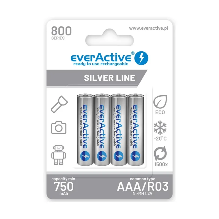 everActive EVHRL03-800 4× AAA R03 800 mAh NiMH taaslaetavad akud, 1,2 V, hõbedane, 44,5×10,5 mm