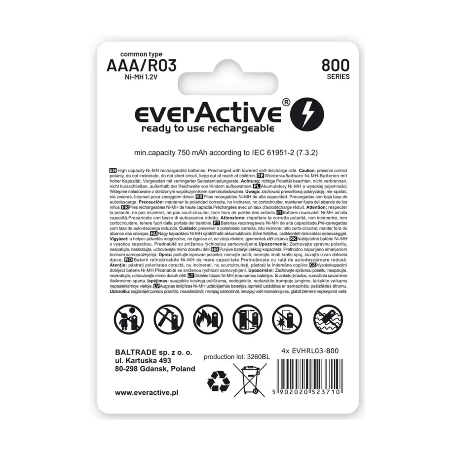 everActive EVHRL03-800 R03 AAA 800 mAh NiMH laetavad akud, 2 tk komplektis