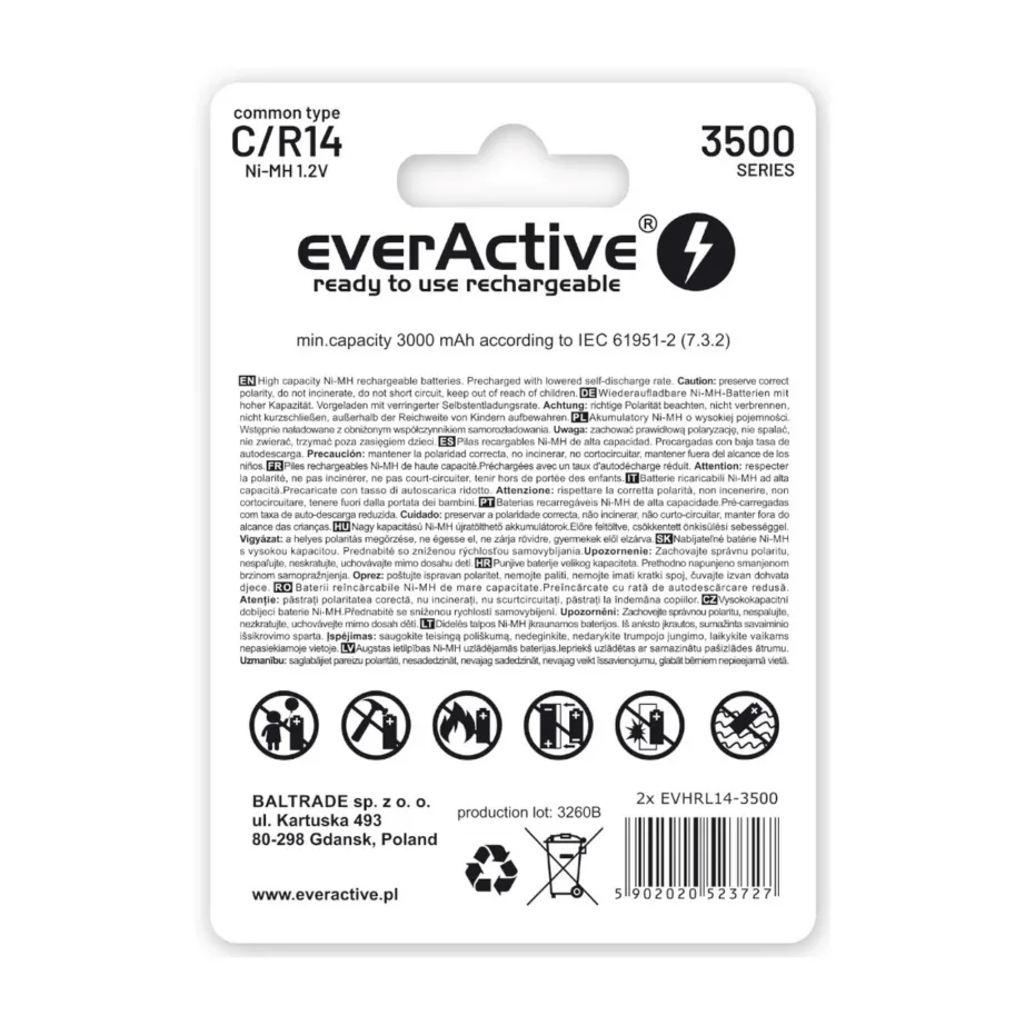 everActive EVHRL14-3500 NiMH 3500mAh laetav C-tüüpi aku, 2 tk komplekt, 1.2V