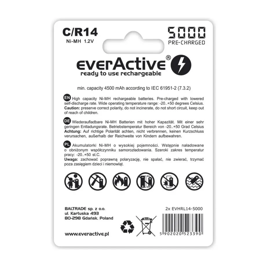 everActive EVHRL14-5000 2 tk 5000 mAh NiMH R14/C laetavad akud, 1,2 V