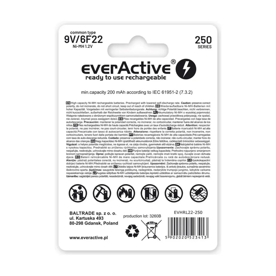 everActive EVHRL22-250 8.4V 200mAh eellaetud NiMH laetav 6F22 9V patarei, 1 tk