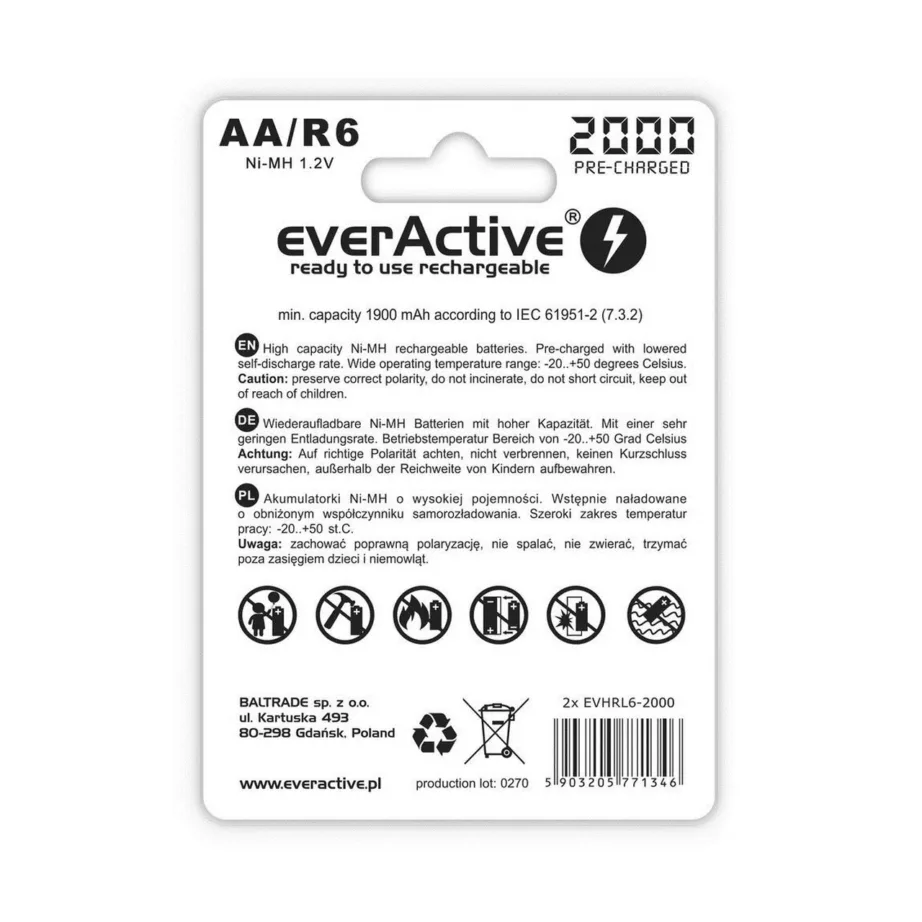 everActive EVHRL6-2000 2000mAh NiMH AA laetavad akud 1,2V, 2 tk komplektis