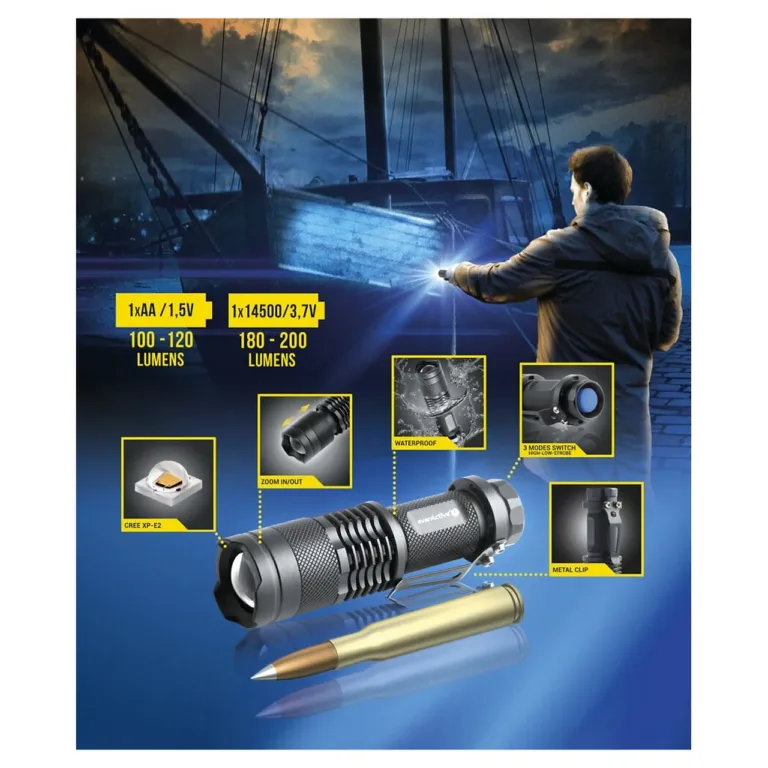 everActive FL-180 Bullet 200 lm IPX4 must alumiiniumist LED-taskulamp, 94 mm, 2,6 cm pea