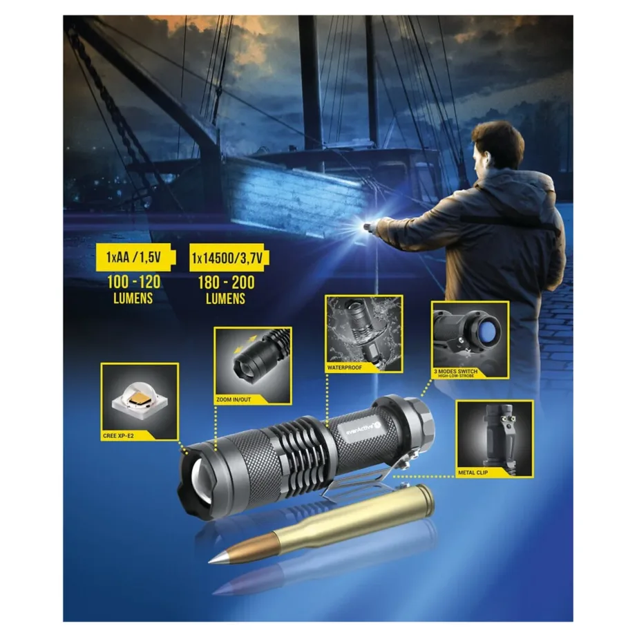 everActive FL-180 Bullet 200 lm IPX4 must alumiiniumist LED-taskulamp, 94 mm, 2,6 cm pea – 10